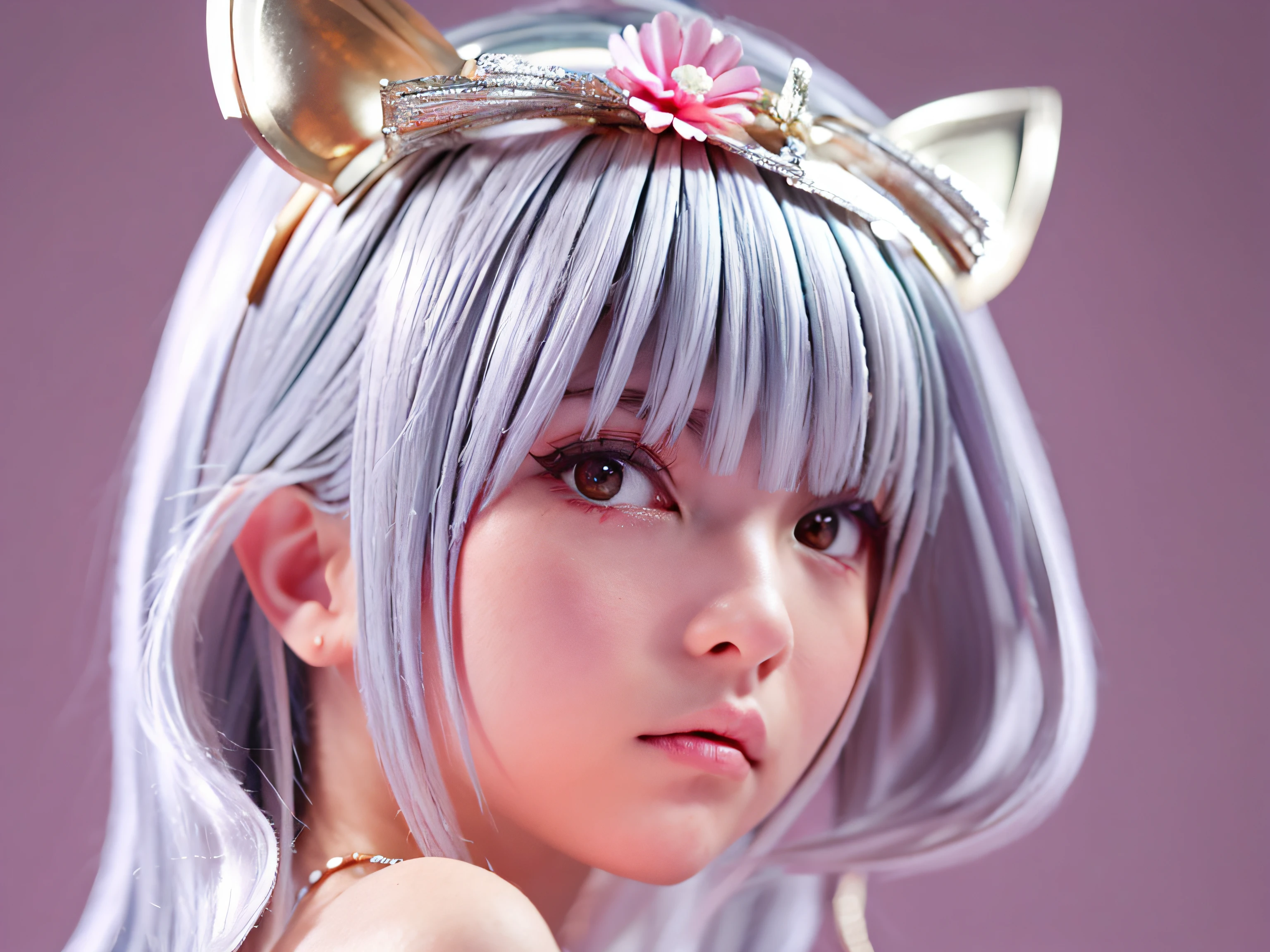 silver hair, hair ribbon, hair flower, animal ears, smelling, makeup, f/2.8, panorama, afterimage