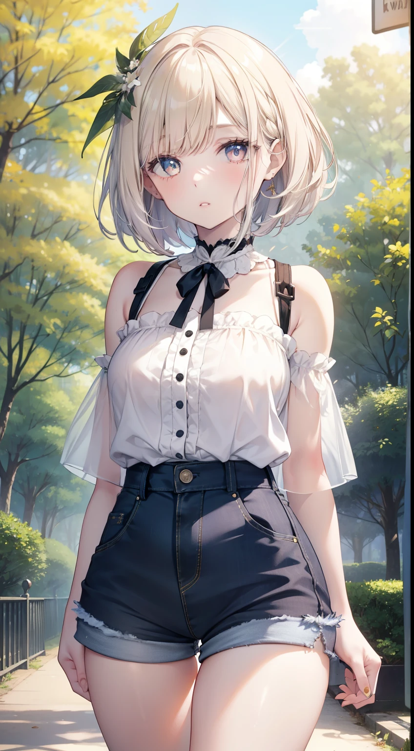 1 girl, pale skin, eyes, mouth, lips, giant hair, bangs, highlights, painted on the back of the head, neck, shoulders, short blouse, perfect belly, ripped short denim shorts, thick legs, thick thighs, Black Women's Medium Fishnet Pantyhose , background scenery, in the park, beautiful night, wind, leaf flying, night lighting, people around, green aria, trees