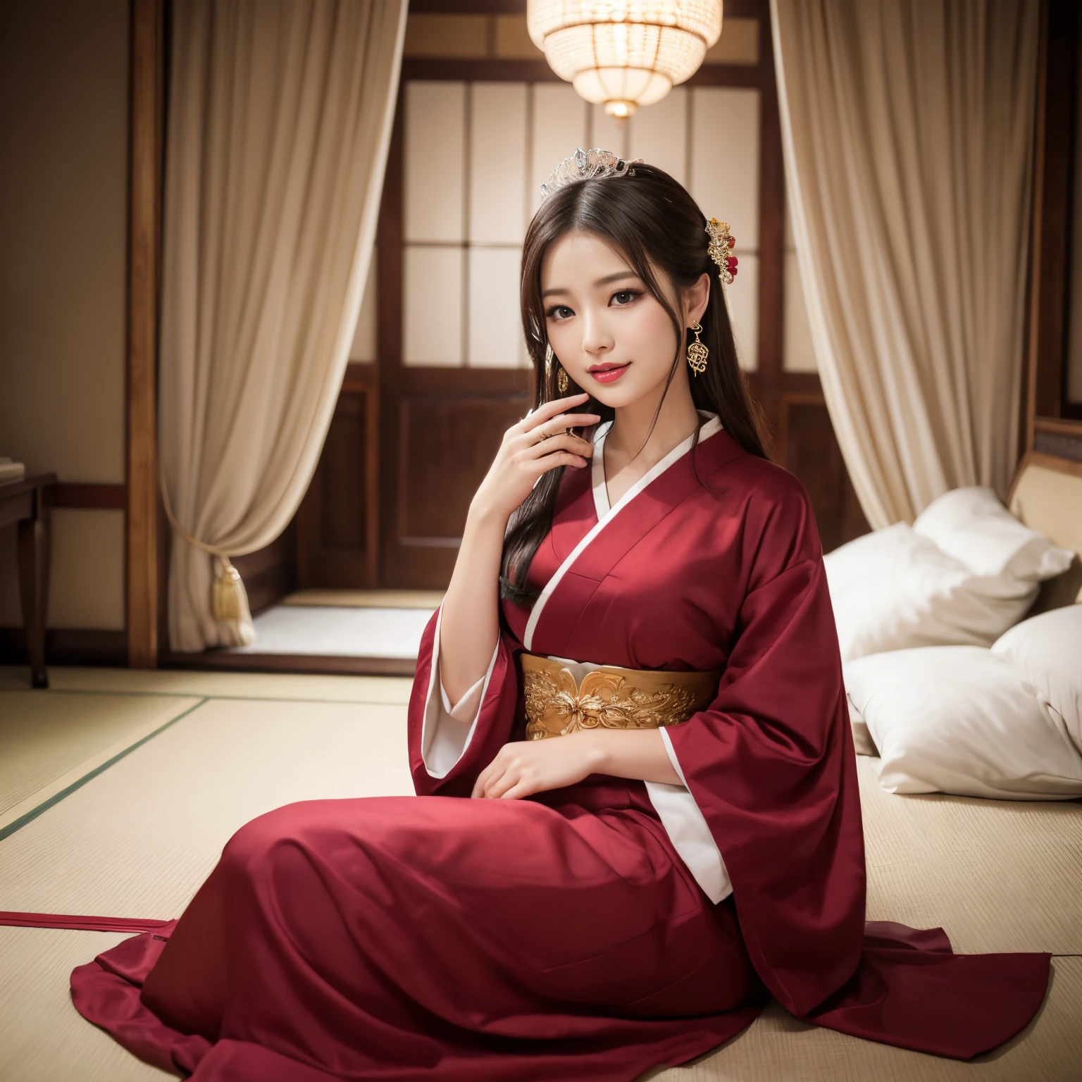 ((top-quality、masutepiece、8K、Top image quality、Very complex and detailed details))、1 Princess、 One Princess、Oiran costume、Luxury and gorgeous long-sleeved kimono、Luxurious hair ornaments、Perfect makeup、perfect princess hairstyle、apply white powder、red lipsticks、long eyelashes、Luxurious interior、the most luxurious and gorgeous royal family、unimaginable luxury、the most luxurious and complex royal family、Everything in the room is gorgeous、gorgeous king'room with at、Deep red velvet carpet with embroidery、very high quality and expensive curtains、artistic and intricate decoration、Gorgeous bedroom、Atmosphere of the Heian period、Beautiful Niwa-lacquered pillars、the most luxurious and luxurious royal family、Heian Keio family、Japan in the 800s、Heian period、Perfect reproduction of Japan'Heian period、Take a photo of her from the knees up、Perfect gas chamber、smil
