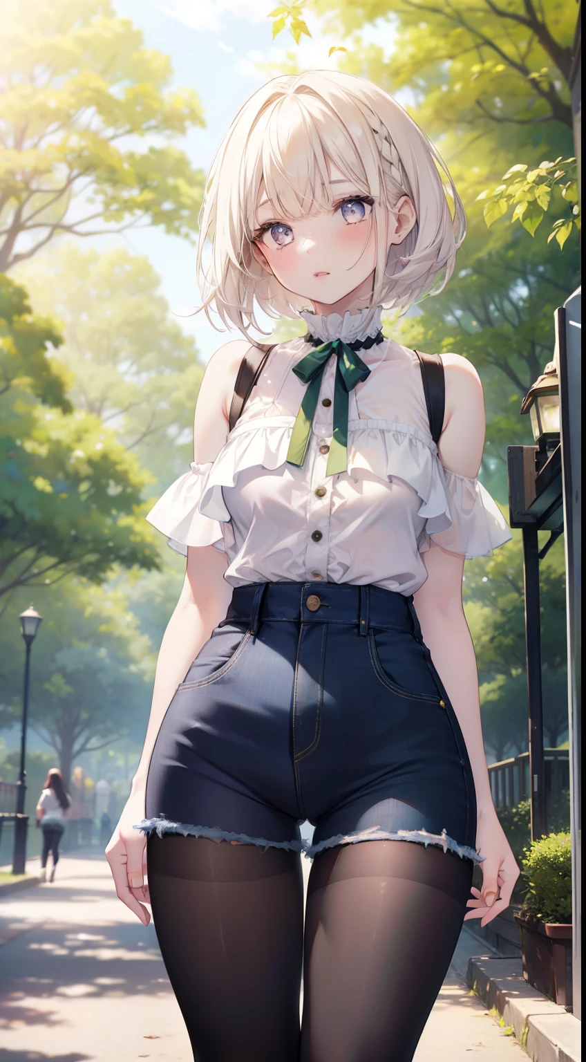 1 girl, pale skin, eyes, mouth, lips, hair, bangs, locks, neck, shoulders, short blouse, perfect belly, short denim shorts, thick legs, thick thighs, tight short pantyhose, background scene, in the park, beautiful day, wind, flying leaf, lighting, people around, green aria, trees