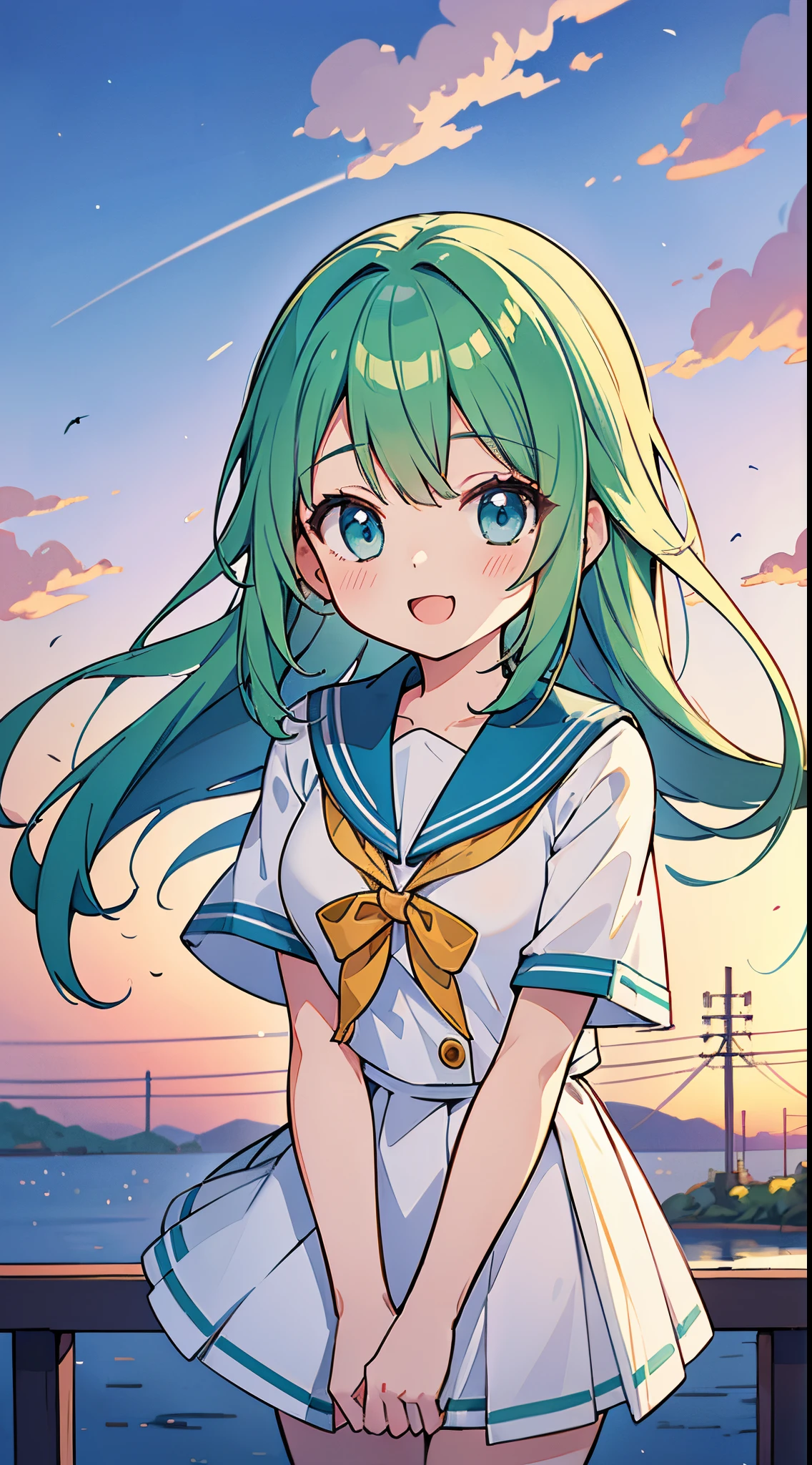 ((Pretty High School girl with green hair and blue eyes)), ((wearing Sailor suit)),  Baby face, ((master piece, top-quality, ultra-definition, high resolution)), anime girl, ((ultra-detailed illust:1.2)), only one person, bangs, hair between eye, beautiful hair, Beautiful eyes, Medium breasts, thighs, Big smile, blushing, opened mouth, in the school backyard, at dusk, sunset