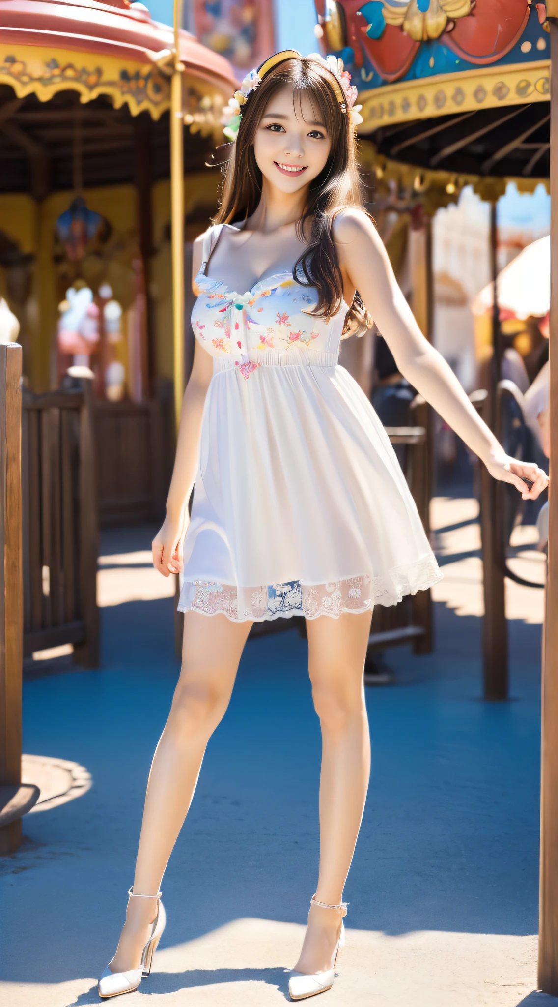 (((Shoot from below:1.3)))、(FULL BODYSHOT:1.4)、(standing:1.4),(Anyway cute girl)、(Small face)、(Looking at the camera)、(solo)、(hyperrealistic), (illustration), (high resolution), (8K), (extremely detailed), (best illustration), (beautiful detailed eyes), (best quality), (super detailed), (masterpiece), (wallpaper), (detailed face),(((one girls)))、(((looking at viewer:1.2)))、25-years old、(FULL BODYSHOT)、(kindly smile:1.4)、(Friendly smile:1.4)、(innocent smiles:1.4)、(Big eyes)、(二重まぶた)、(((Brightly colored bodycon dress))),((((in amusement park)))、((top-quality、8K、masterpiece:1.3))、(Hairstyle Casual)、Costumes in colorful colors、25-years old、(Showing panties to the camera)、(beautiful and long legs:1.2)),(((Beautiful shoes:1.2)))、(超A high resolution:1.2),(huge tit:1.2)、(Pale skin:1.2),(Bright illumination)