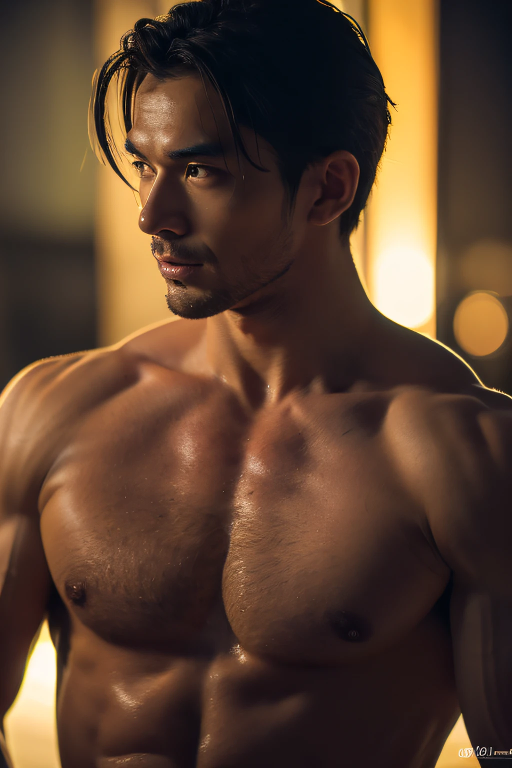 (8K, RAW photo, Highest quality), Realistic, Japanese man, frontage, Intricate details, Closed mouth, Extremely detailed eyes and eyelashes,Muscular male, Manly,l ooks away, Male focus, Solo, Open the transparent robe,Exposing the pectoral muscles,Exposing abs, full bodyesbian, Night sky, Soft lighting, Cinematic lighting, Portrait, Close-up, Lovingly