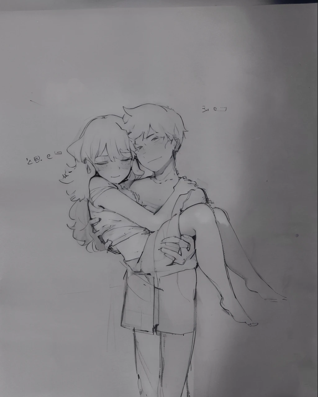 drawing of a man holding a woman in his arms, arm around her neck, rough sketch, hugging each other, hugging, desenho, detalhado, but rough, loose pencil sketch, Arte Conceitual do Amor, old sketch, pose de casal, sem sombreamento, sketched, matte sketch, fanart de alta qualidade, Directed by: Naka Bokunen, (inktober), hugging her knees
