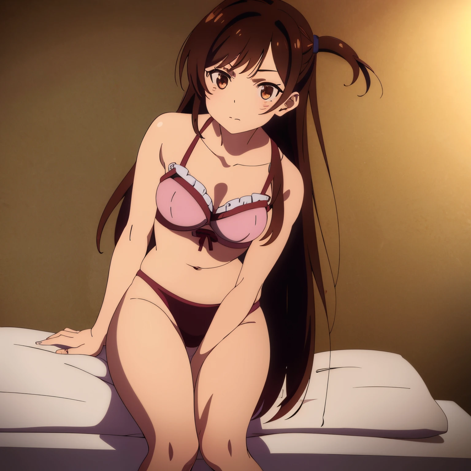 1girl, alone, mizuhara chizuru, (brown eyes:1.5), brown hair, long hair, (one side up:1.5),
BREAK lingerie,
BREAK indoors, bed,
BREAK looking at viewer, 
BREAK (masterpiece:1.2), best quality, high resolution, unity 8k wallpaper, (illustration:0.8), extremely detailed face, perfect lighting, extremely detailed CG, (perfect hands, perfect anatomy),