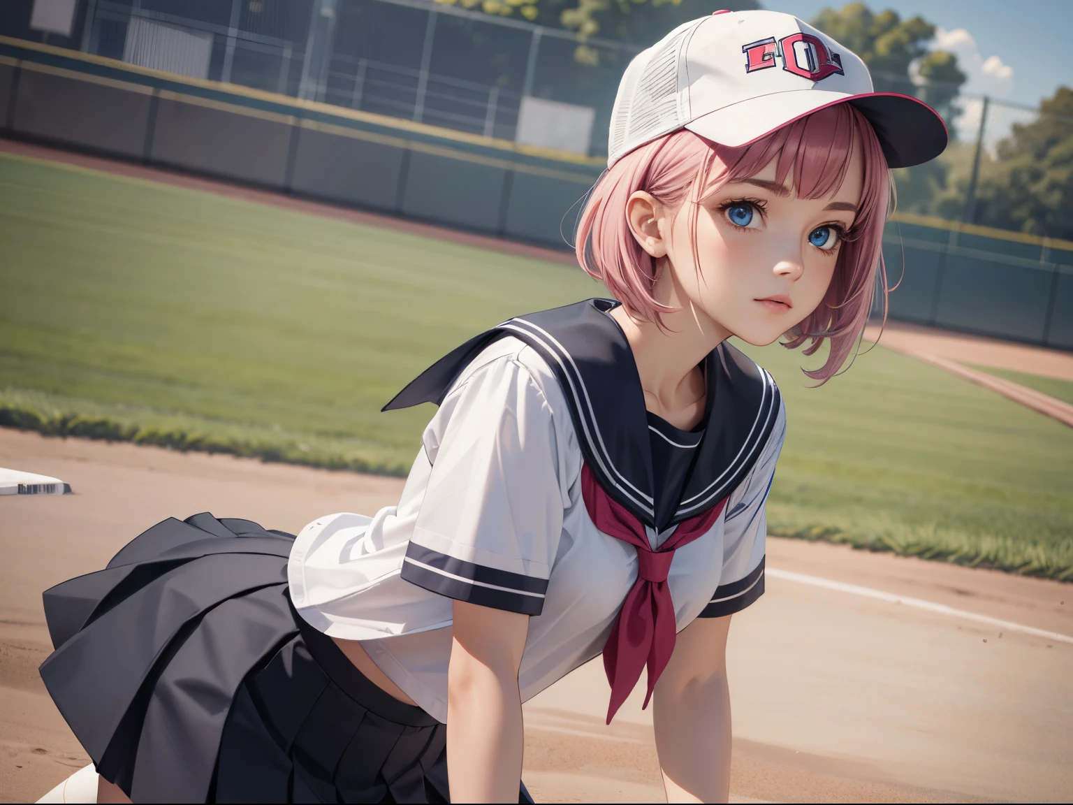 (masterpiece), (Best Quality), High resolution, Ultra Detail, photorealistic, 8K, intricate face, Detailed body, Detailed face, Beautiful,
BREAK
(1girl, cute girl, shiny body, shiny skin, middle breasts), (pink hair, short bob hair, blue eyes),
BREAK
school girl, school sailor uniform, white shirt, pleated skirt, baseball cap, sliding in a baseball game, baseball field,