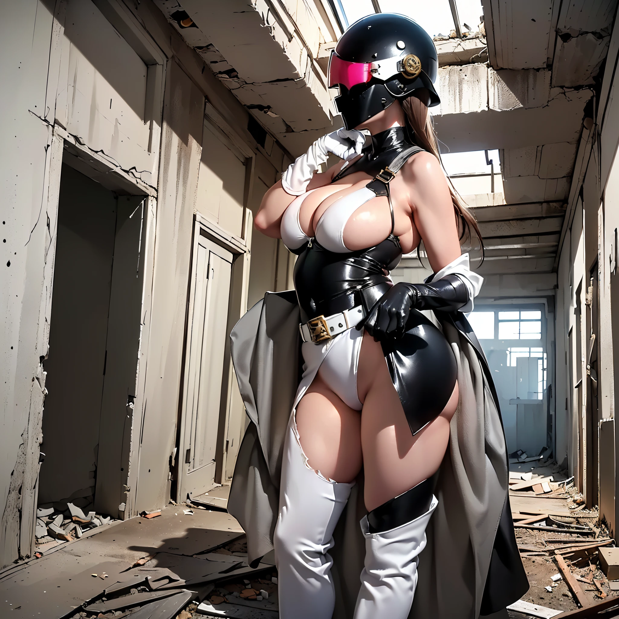 (masterpiece:1.2, very detailed portrait:1.2, Best Quality:1.2, High resolution:1.2, 16K HDR:1.2), reflective light, super beautiful heroine, ((Anatomically correct)), ((1 girl in)), Solo, ((ultra gigantic tits:1.35, super gigantic breast:1.35, SuperHuge boobs:1.35, ultra huge cleavage:1.35, Face helmet that does not expose eyes or hair:1.3)), (torn body suit:1.3, Exposed nipples:1.3, Full body suit in pink color, latex suit, (Thick and intricate lines drawn on the chest, Lines on the sides of the suit, a belt, long gloves, White boots), (Very shiny helmet and suit), Three-dimensional helmet, fighting poses, ((In an abandoned building, underground)),