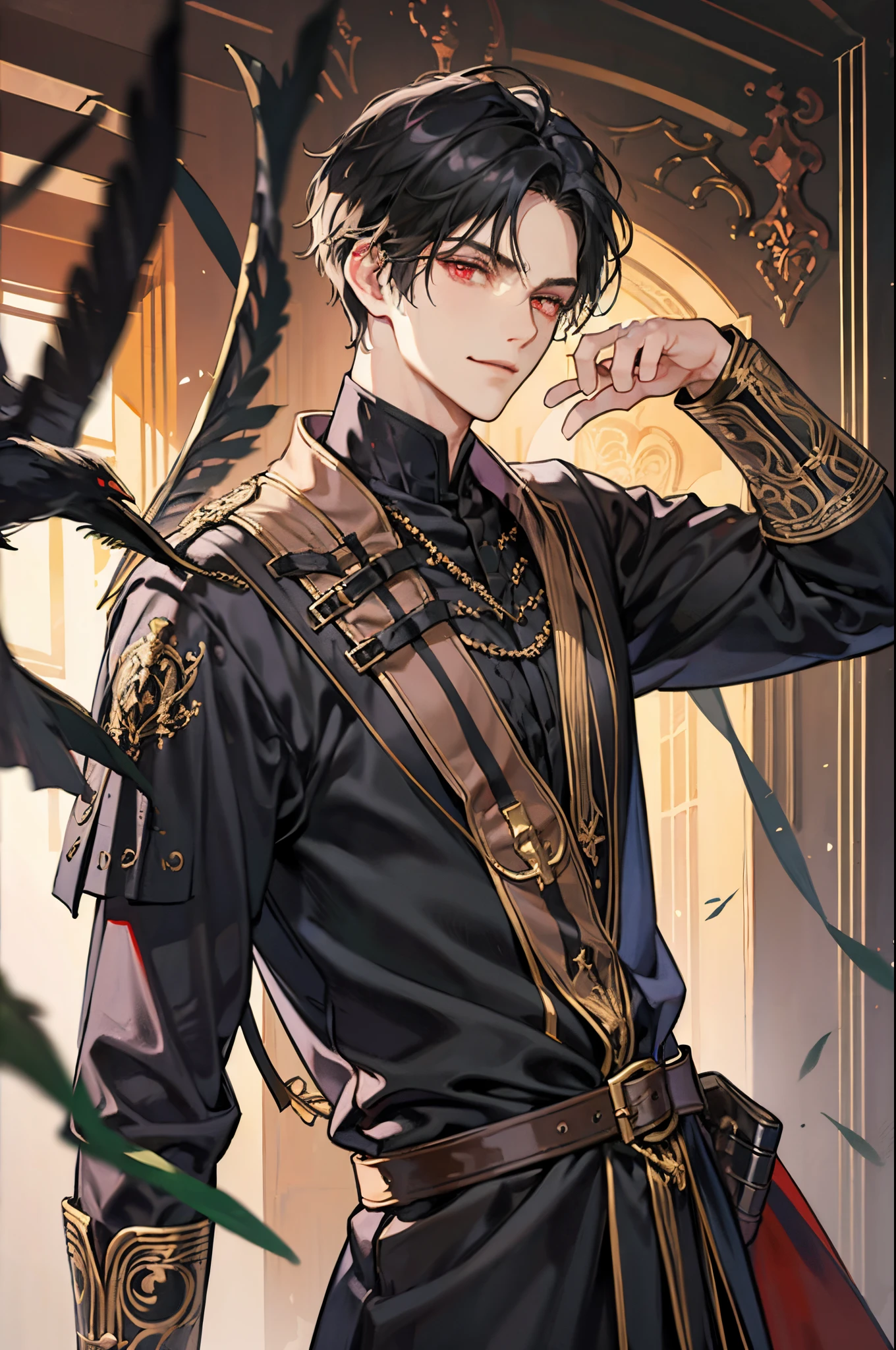 1 male, adult, tall and lean,  handsome, short black hair, dark red eyes, condescending smirk, a prince dressed in black with gold embroidery, medieval, fantasy, close up, pose