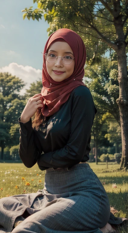 (A woman:1.5), indoneaian, (wearing long hijab closed breast:1.4, long sleeve clothes with maxi skirt, classical glasses), (elegant sitting pose:1.4) on grass field with colourful flowers, beautiful detailed eyes, grey blue eyes, beautiful face, peaceful smiles, voluptuous postures, low angle view, seen from below, (close up), sunlight streaming through the leaves, greeney tones, cheerful ambient, colorful atmosphere, vibrant colors, natural beauty, youthful energy