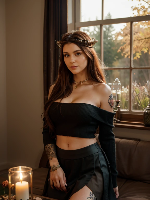 Gorgeous artsy punk goth woman, full body view, a queen of witches, dynamic regal pose, incredibly-long hair tumbling down to her waist, voluminous flowing natural red hair with incredible detail and texture, in a cropped off-shoulder wool knit strapless sweater with sleeves loosely draped on arms, long silk skirt with a slit, and jeweled regal circlet on head, cleavage and full hips and thick thighs and nice ass, perfect athletic body with medium breasts, exquisite detail on texture of clothing and matching colors, flowers in hair, many tattoos, jewelry, big beautiful eyes and gorgeous Irish face with lovely lips, seductive look, small smile, 8k RAW 16mm professional photograph, masterpiece artstation illustration, raytracing, subsurface scattering, backlight, rimlight, bright sunlight, cottage core, cozy, in a castle with a magic potion laboratory, autumn leaves on trees outside a big window, candles, fireflies , camera positioned very high tilted down, vibrant colors, bokeh background, golden hour, cinematic camera angle and lighting