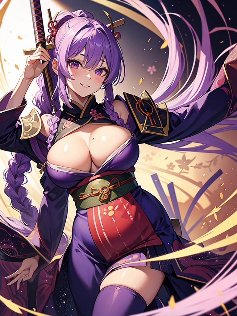 masterpiece,shogun, 1girl, solo, long hair, looking at viewer, hair ornament, thighhighs, long sleeves, ribbon, holding, cleavage, purple eyes, weapon, purple hair, braid, flower, sword, holding weapon, mole, blurry, sash, mole under eye, holding sword, obi, shoulder armor, tassel, bridal gauntlets, stairs, purple flower, vision (genshin impact), obijime, tomoe (symbol), obiage, mitsudomoe (shape),pregnant belly,smile,jumping,(high quality),2k,(huge breasts 5.0),insane quality,hentai,naked,ahegao
