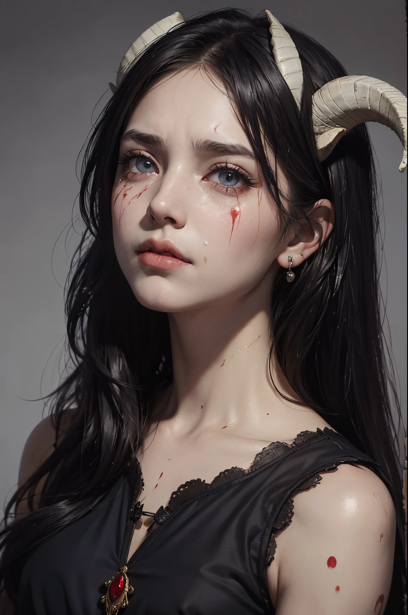 realistic epic, Woman crying with (goat horns 1. 2), sad look, deeply sad facial expression, red and swollen eyes, furrowed eyebrows, red nose, wet cheek, half-open mouth (blood tears 1. 2), (bloodstains on face 1. 4), (dark shot: 1. 4), black hair, beautiful detailed eyes and ears, dramatic lighting, painting style, Gothic art, black eyes, by French painter Alexandre Cabanel, oil painting, (realistic details), (poor peasant clothes 1. 2), veil, neckline, (bare shoulders), gothic lighting, old gothic cathedral background, dim lighting, gloomy