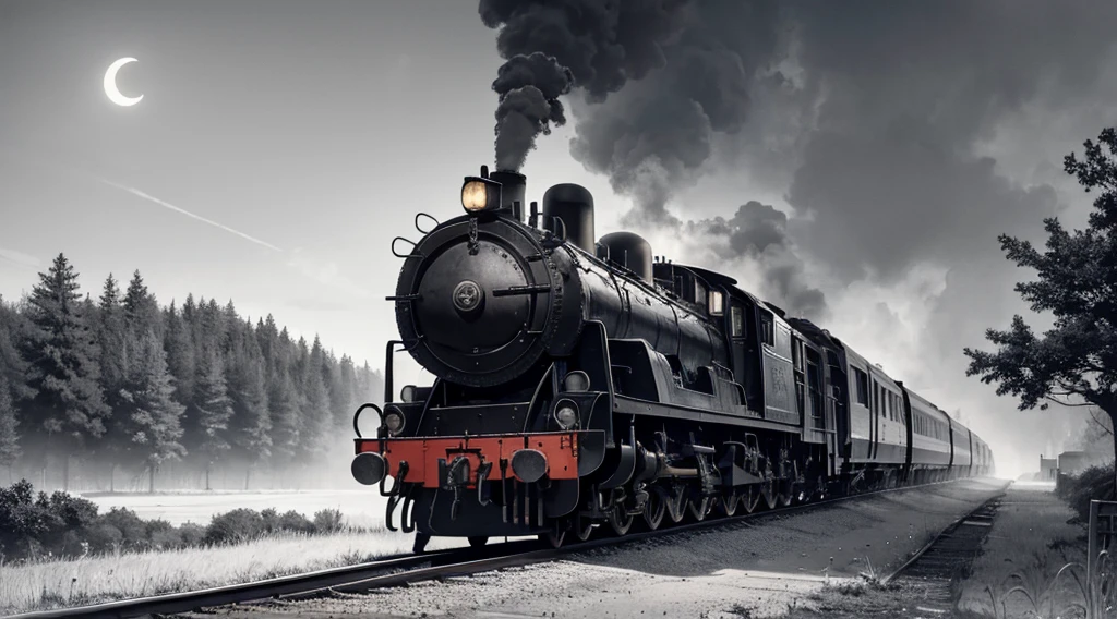 （In the starry sky）,（ in the cosmos），The locomotive emerges from the center, puffing smoke.. The scene is like a movie scene. . . (Best quality at best,4K,8K,A high resolution,tmasterpiece:1.2), ultra - detailed, actual, Realistic style artwork captures all the intricate details. [Surreal atmosphere], [misty environment], [Rustic charm], [peaceful scenery], [Traditional Japanese aesthetics], [vintage locomotive], [Fantastical Atmosphere], [Majestic moonshine], [Impressive smoke effects], [Mysterious shadows], [Charming composition], [Fine lines], [Impressive shades], [Carefully incubated], [artistic perspective], [subtletextures], [Complex machinery], [Locomotive details], [Effortless elegance].