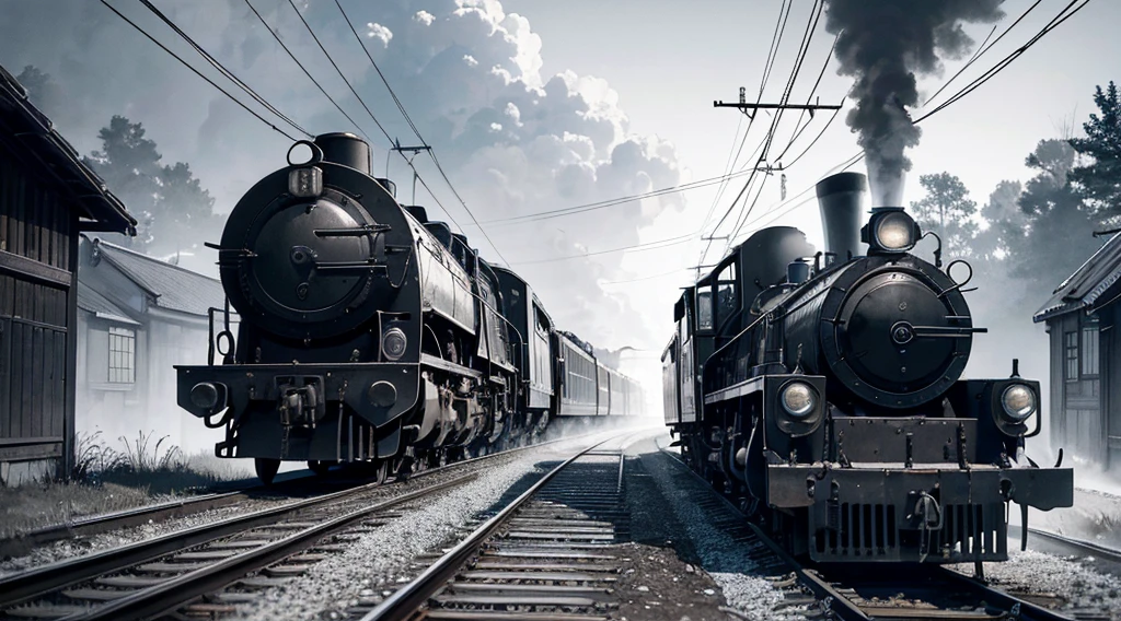 In the countryside of Japan, a locomotive emerges from the center, emitting smoke. The headlights of the locomotive shine brightly in the gloomy light. The scene resembles a movie set. A beautiful crescent moon hangs high in the sky, illuminating the clouds below. On a nearby table, there is a sketch of the locomotive. (best quality,4k,8k,highres,masterpiece:1.2), ultra-detailed, realistic, pencil-sketch style artwork captures all the intricate details. [sketches of locomotives], [surreal atmosphere], [misty surroundings], [rustic charm], [serene landscape], [traditional Japanese aesthetics], [vintage locomotive], [dream-like ambiance], [majestic moonlight], [impressive smoke effects], [mysterious shadows], [captivating composition], [fine lines], [impressive shading], [meticulous hatching], [artistic perspective], [subtle textures], [intricate machinery], [locomotive details], [effortless elegance].