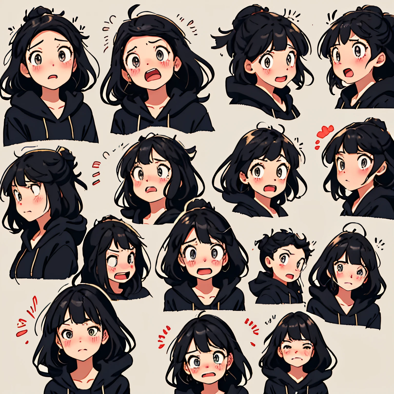 nine image of cartoon female characters showing their facial expressions and eyes in nine different ways, emotional expressions: anger, joy, sadness, surprise, disgust, fear, love, laughter, confusion, black hair, grey eyes, blush, looking at viewer, collarbone, open mouth, hood