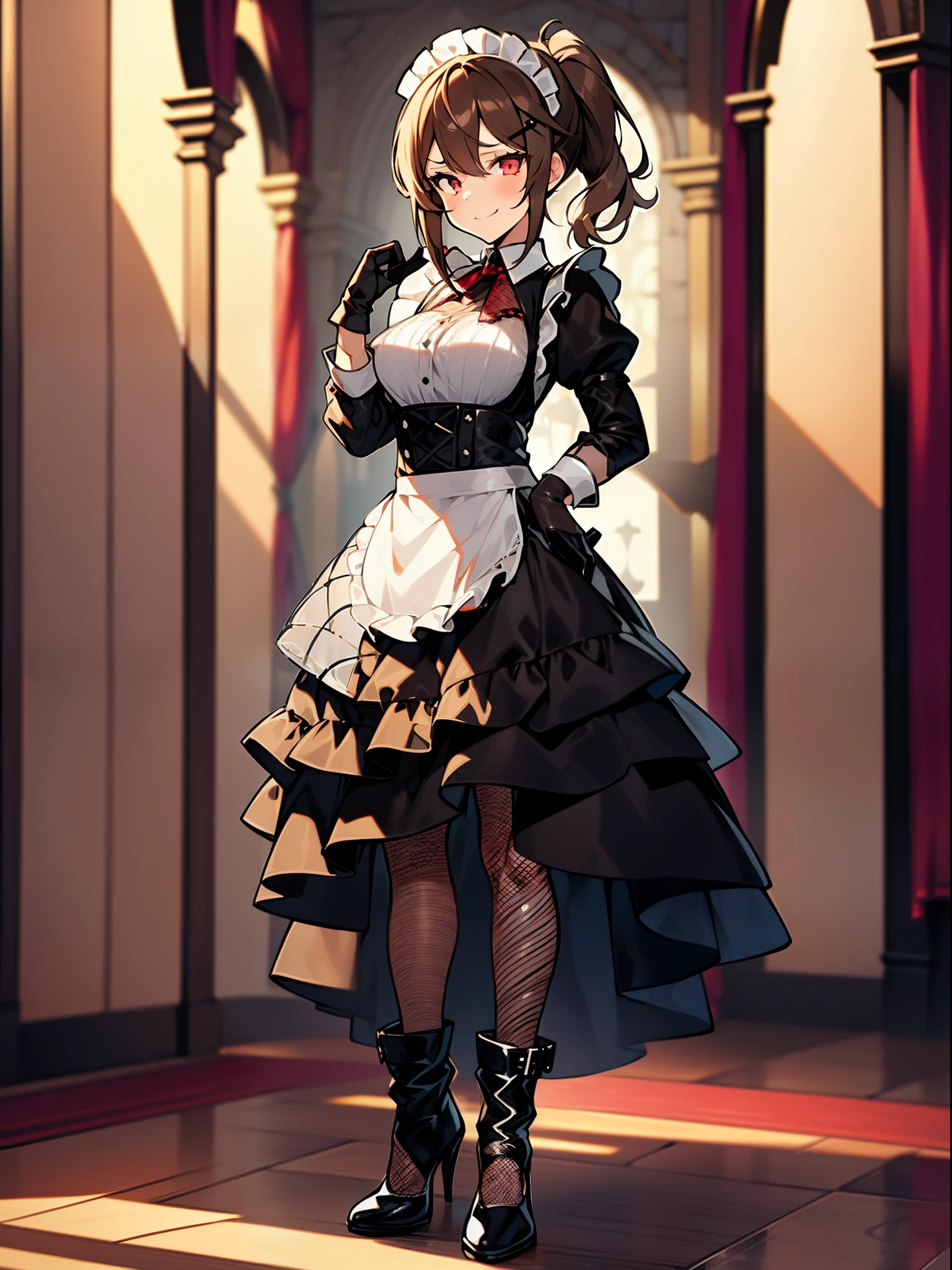 1girl, medium breasts, dress, mesh dress, side ponytail, short hair, black dress, layered dress, ((light brown hair)), red eyes, ((((fishnet gloves)))), gothic ta, mature female, ((pantyhose)), layered dress, ((maid)), ((((see-through)))),solo, (((hand on hip))), ((((playing with hair)))), (evil smile),(((long sleeves))),((hand in hair)),(((juliet_sleeves))),((((full body)))), heel boots,((evil)),dark room,apron