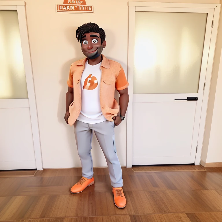 Jon Hamm dressed in an orange shirt and black pants, sorrindo e apontando para o lado com o dedo indicador