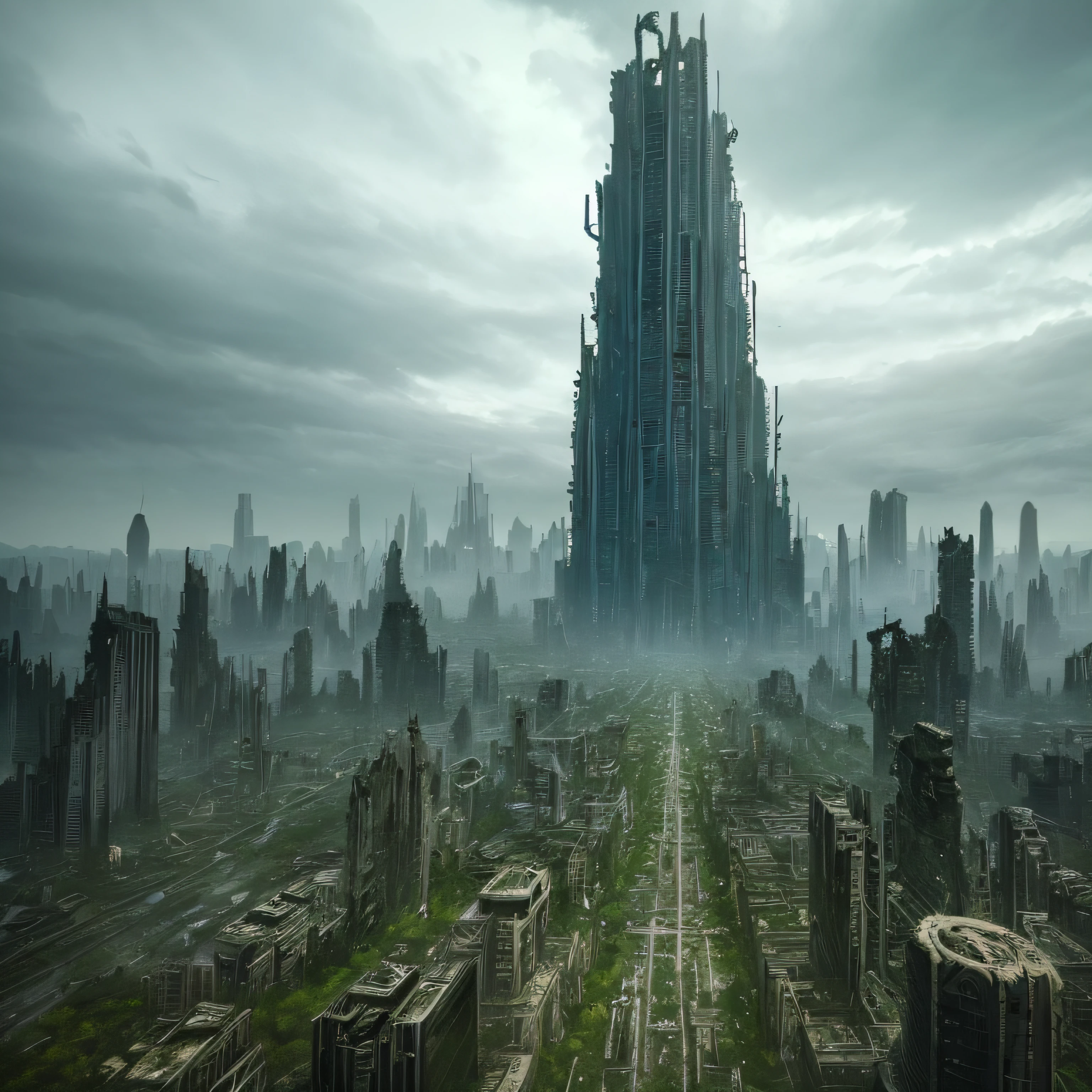 an far view of a abandoned metropolis in ruins taken over by nature and ghosts in a city long forgotten and decaying , theres one big {{colossoal}} giant alien long tower on horizon, create an eerie and unsettling atmosphere with an emphasis on creepers and decay.