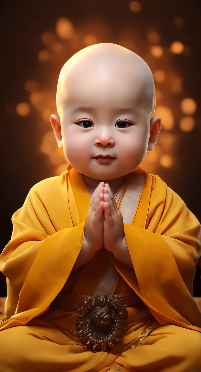Arafad in yellow robe sitting on wooden floor, Buddhists, monk, Monk's robes, lovely digital painting, blessing hand, Monks meditate, portrait of monk, Monk meditates, buddhist monk, buddhism, Close-up portrait shoot, window shutters, Beautiful golden saint, fisting monk, littring nun costume, Highly detailed soft lighting