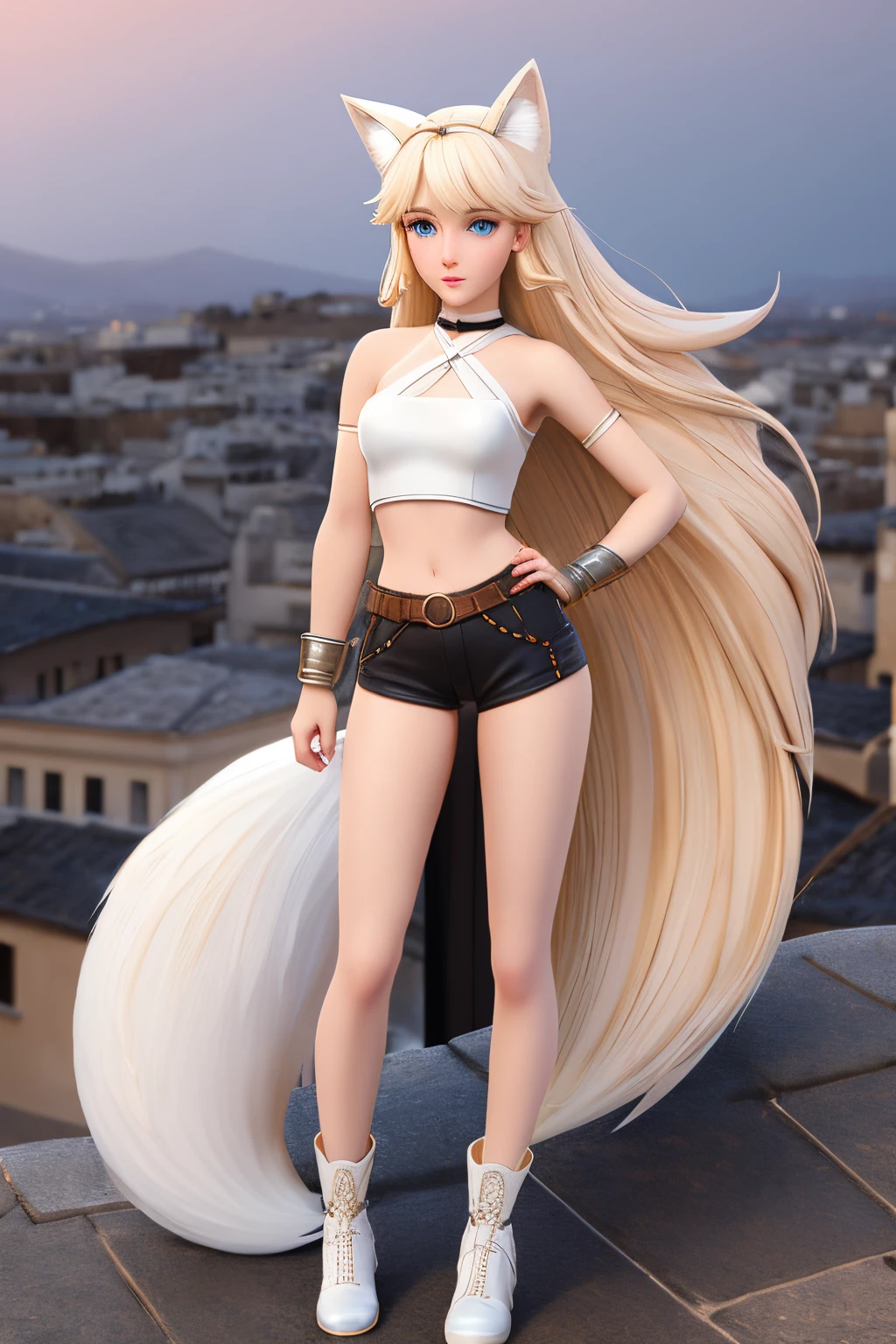 close up 1girl in, teenager, Solo, Aesthetic artwork, blond, straight blonde hair, super long blonde hair, light blue eyes,  some small freckles, pale skin, small breasts, runners body, (thin hips, thin waist: 1.25), detailed skin, neutral face, parted lips, wearing a choker with a bell, (wearing brown leather halter top and short shorts with armor:1.1), (white fox ear, white fox tail:1.25), (full body: 1.1), very detailed city roof background, rooftop, overlooking ancient Greek city, 24mm, 4k textures, soft cinematic light, RAW intricate, elegant, highly detailed, sharp focus, ((((cinematic look)))), soothing tones, insane details, intricate details, hyperdetailed, low contrast, soft cinematic light, dim colors, exposure blend, hdr, faded