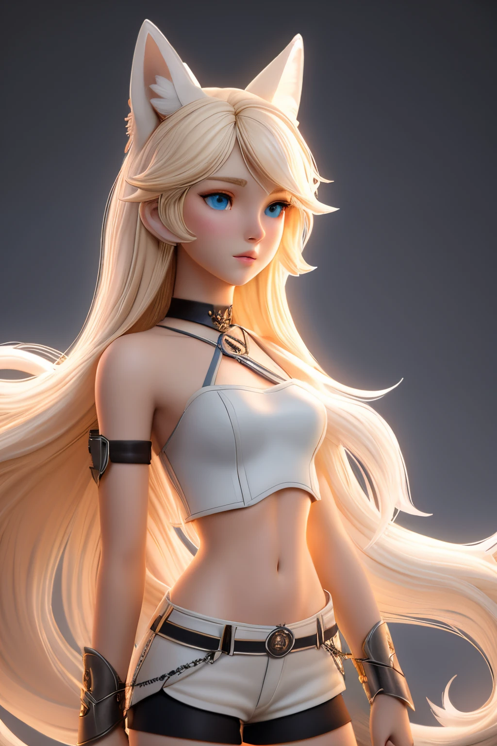 close up 1girl in, teenager, Solo, Aesthetic artwork, blond, straight blonde hair, super long blonde hair, light blue eyes, some small freckles, pale skin, small breasts, runners body, (thin hips, thin waist: 1.25), detailed skin, neutral face, parted lips, wearing a choker with a bell, (wearing brown leather halter top and short shorts with armor:1.1), (white fox ear, white fox tail:1.25), (full body: 1.1), very detailed city roof background, rooftop, overlooking ancient Greek city, 24mm, 4k textures, soft cinematic light, RAW intricate, elegant, highly detailed, sharp focus, ((((cinematic look)))), soothing tones, insane details, intricate details, hyperdetailed, low contrast, soft cinematic light, dim colors, exposure blend, hdr, faded