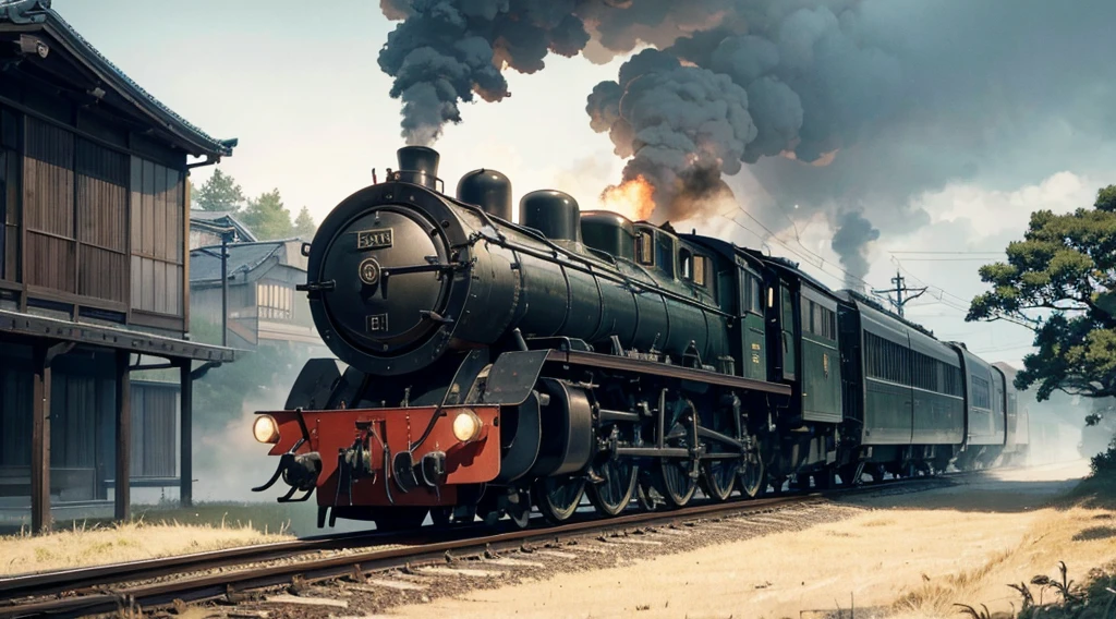 In the countryside of Japan, The locomotive emerges from the center, puffing smoke. The headlights of the locomotive shine brightly in the dim light. The scene is like a movie scene. A beautiful bright moon hangs high in the sky, Light up the clouds below. . (Best quality at best,4K,8K,A high resolution,tmasterpiece:1.2), ultra - detailed, actual, Realistic style artwork captures all the intricate details. [Surreal atmosphere], [misty environment], [Rustic charm], [peaceful scenery], [Traditional Japanese aesthetics], [vintage locomotive], [Fantastical Atmosphere], [Majestic moonshine], [Impressive smoke effects], [Mysterious shadows], [Charming composition], [Fine lines], [Impressive shades], [Carefully incubated], [artistic perspective], [subtletextures], [Complex machinery], [Locomotive details], [Effortless elegance].