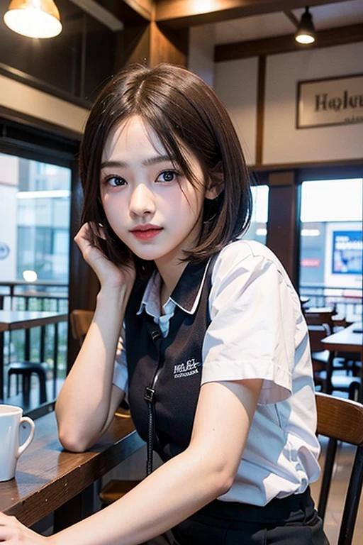 (8K、Raw photography、top-quality、​masterpiece:1.2)、(realisitic、Photorealsitic:1.37)、1 girl in、17 only、cute little、adolable、(blue eyess)、(Shy smile:0.4)、(独奏)、详细的脸、oval-face、Thin almond eyes、(Brown hair shorthair:1.3)、Hair over one eye、A slender、medium breasts⁩、Collared shirt、Dramatic Angle、tilt of the head、fluorescent lamp、Inside the coffee shop、Sitting by the window、small head、(Facing the other side)、teens girl、piercings