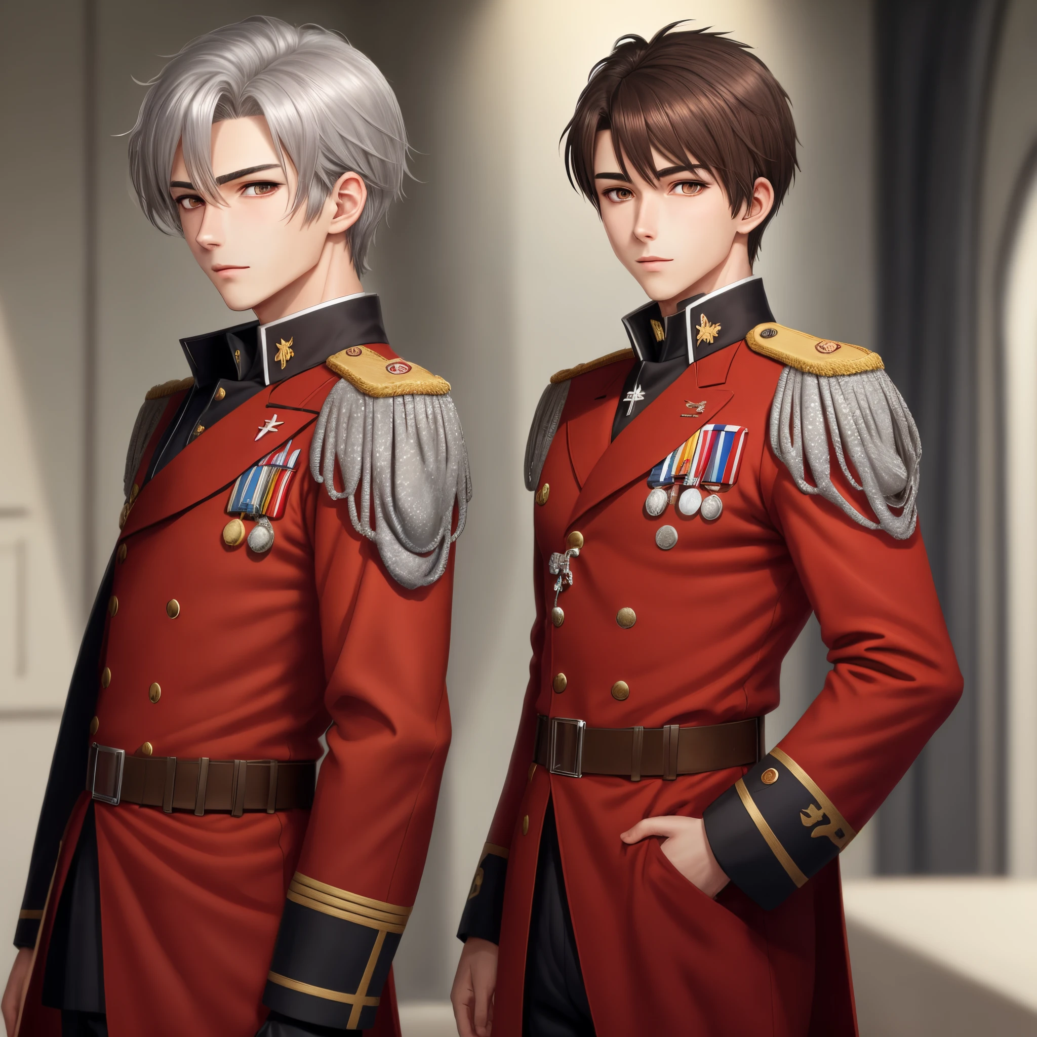 Dark Brown Hair, Male, Silver Eyes, Red Military Uniform, Anime