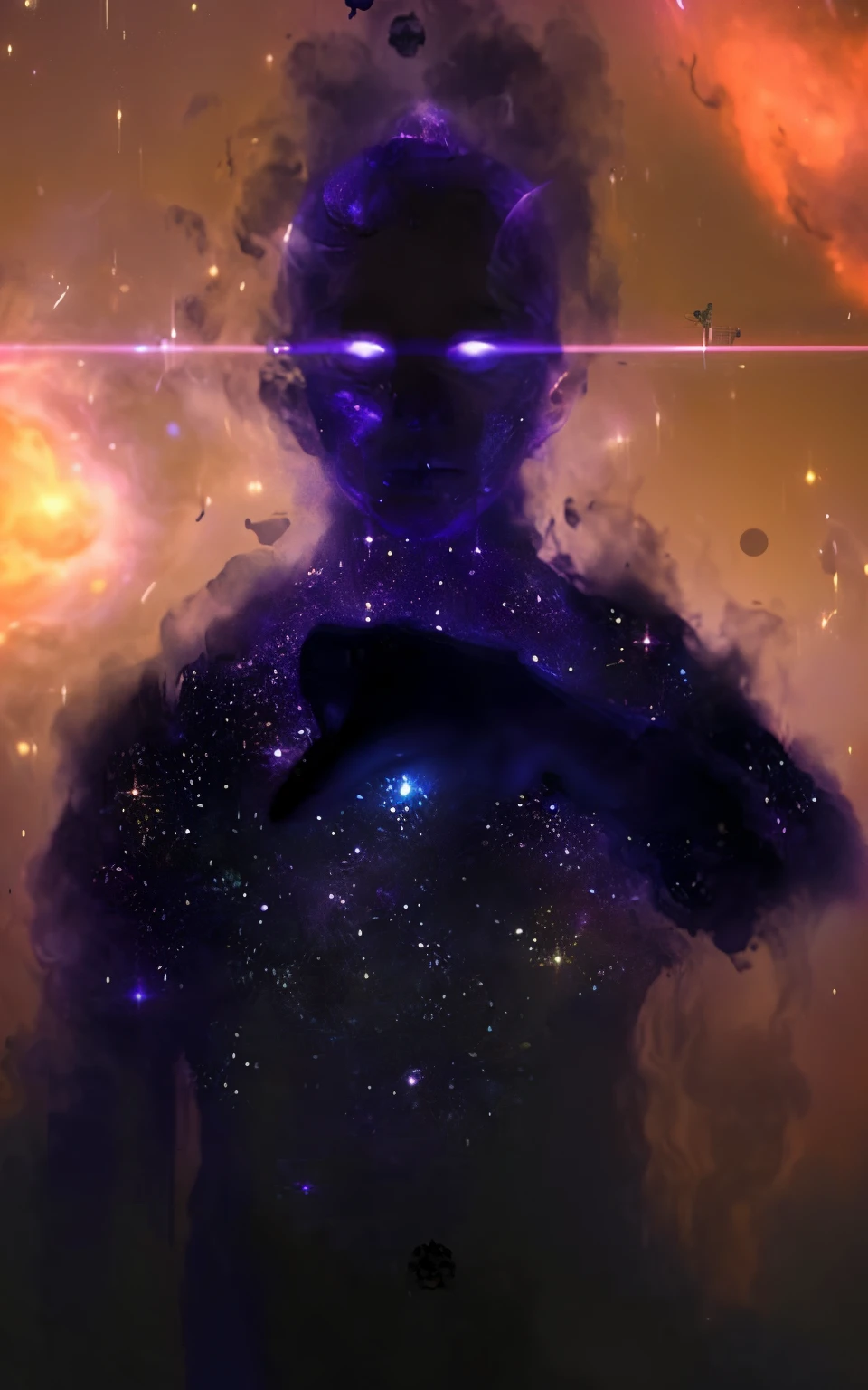 a man with glowing head and arms in front of a purple light, aura de nebulosa em torno do assunto, cosmic horror concept art, portrait of a cosmic entity, no plano astral ) ) ), Beeple e Jean Giraud, galactic dmt entity, astral appearance, strange portrait with galaxy, dark sci-fi art, aura negra brilhante, Galactic Entity