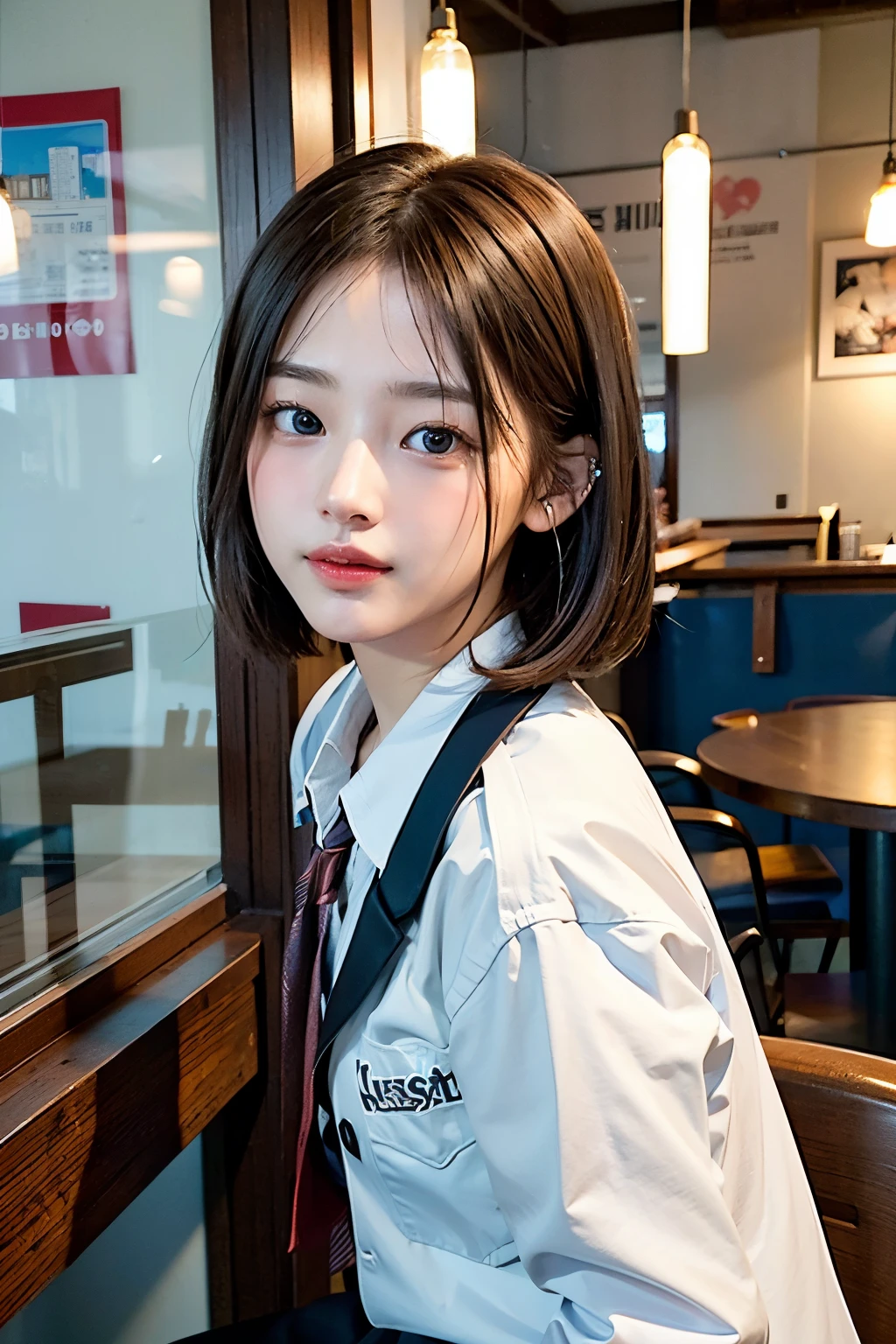 (8K、Raw photography、top-quality、masterpiece:1.2)、(realisitic、Photorealsitic:1.37)、1 girl in、16 only、cute little、adolable、(blue eyess)、(Shy smile:0.4)、(独奏)、详细的脸、oval-face、Thin almond eyes、(Brown hair shorthair:1.3)、Hair over one eye、A slender、medium breasts、Collared shirt、Dramatic Angle、tilt of the head、fluorescent lamp、Inside the coffee shop、Sitting by the window、small head、(Facing the other side)、teens girl、piercings