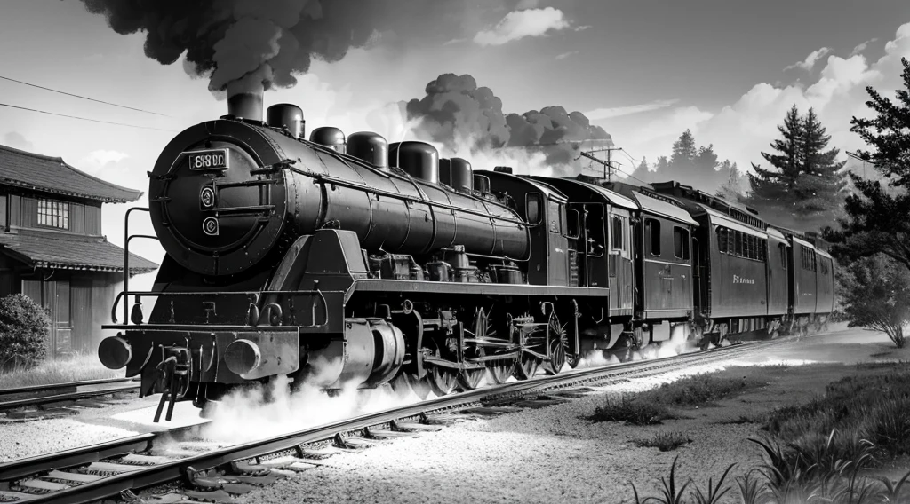 In the countryside of Japan, The locomotive emerges from the center, puffing smoke. The headlights of the locomotive shine brightly in the dim light. The scene is like a movie scene. A beautiful new moon hangs high in the sky, Light up the clouds below. on a nearby table, There is a sketch of a locomotive. (Best quality at best,4K,8K,A high resolution,tmasterpiece:1.2), ultra - detailed, actual, Pencil sketch style artwork captures all the intricate details. [Locomotive sketch], [Surreal atmosphere], [misty environment], [Rustic charm], [peaceful scenery], [Traditional Japanese aesthetics], [vintage locomotive], [Fantastical Atmosphere], [Majestic moonshine], [Impressive smoke effects], [Mysterious shadows], [Charming composition], [Fine lines], [Impressive shades], [Carefully incubated], [artistic perspective], [subtletextures], [Complex machinery], [Locomotive details], [Effortless elegance].