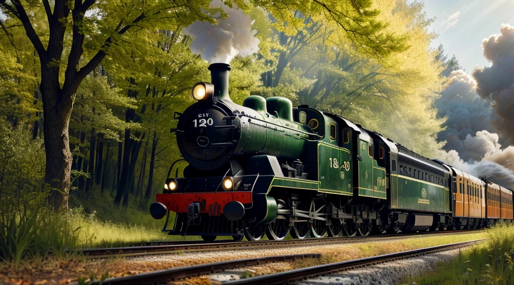 The train travels along the tracks in the forest. The train is a steam train，retro appearance. the are In the background, There are more trains and steam trains. The artist is Etienne Delacroix. The railway is surrounded by yellowing leaves falling from the trees.. There is white steam coming out next to it. The image quality is the best (4K, 8K, A high resolution, tmasterpiece:1.2) and super detailed. Images are photorealistic and realistic (Photorealistic:1.37). The work has a retro style，With a touch of nostalgia. Colors are warm and earthy. The light is very natural, Sunlight shines through the woods, Cast a beautiful light on the scene.