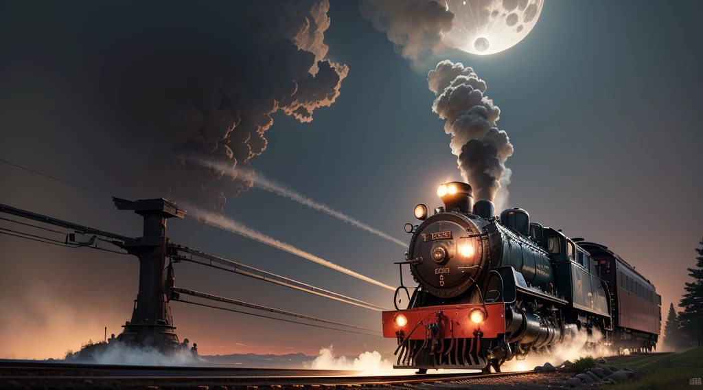 In the countryside of Japan, a locomotive emerges with smoke from the center, and its headlights shine brightly in the dim light. The scene resembles a movie set, with a beautiful full moon hanging high in the sky, illuminating the clouds below. On a nearby table, there is a sketch of the locomotive. The prompt should reflect the highest quality and capture all the intricate details in a sketch style.
(best quality,4k,8k,highres,masterpiece:1.2),ultra-detailed,(realistic,photorealistic,photo-realistic:1.37),sketch style,Japanese countryside,emerging smoke from the locomotive's center,bright headlights,glimmering moonlight,illuminated clouds,detailed locomotive sketch on the table.