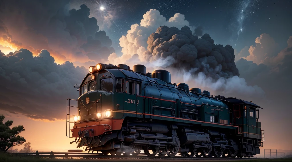 In the countryside of Japan, a locomotive emerges with smoke from the center, and its headlights shine brightly in the dim light. The scene resembles a movie set, with a beautiful full moon hanging high in the sky, illuminating the clouds below. On a nearby table, there is a sketch of the locomotive. The prompt should reflect the highest quality and capture all the intricate details in a sketch style.

(best quality,4k,8k,highres,masterpiece:1.2),ultra-detailed,(realistic,photorealistic,photo-realistic:1.37),sketch style,Japanese countryside,emerging smoke from the locomotive's center,bright headlights,glimmering moonlight,illuminated clouds,detailed locomotive sketch on the table.