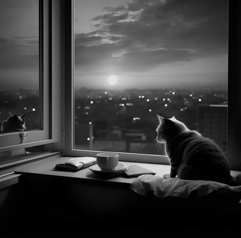 there is a cat that is sitting on a window sill，looking at the city, cat on a windowsill, calm evening. Digital illustration, early morning mood, A cat is drinking coffee, window to night time, cat is drinking tea, morning atmosphere, in the early morning, atmosphere at night, morning time, catss. digitial painting, beautiful morning, black and white picture