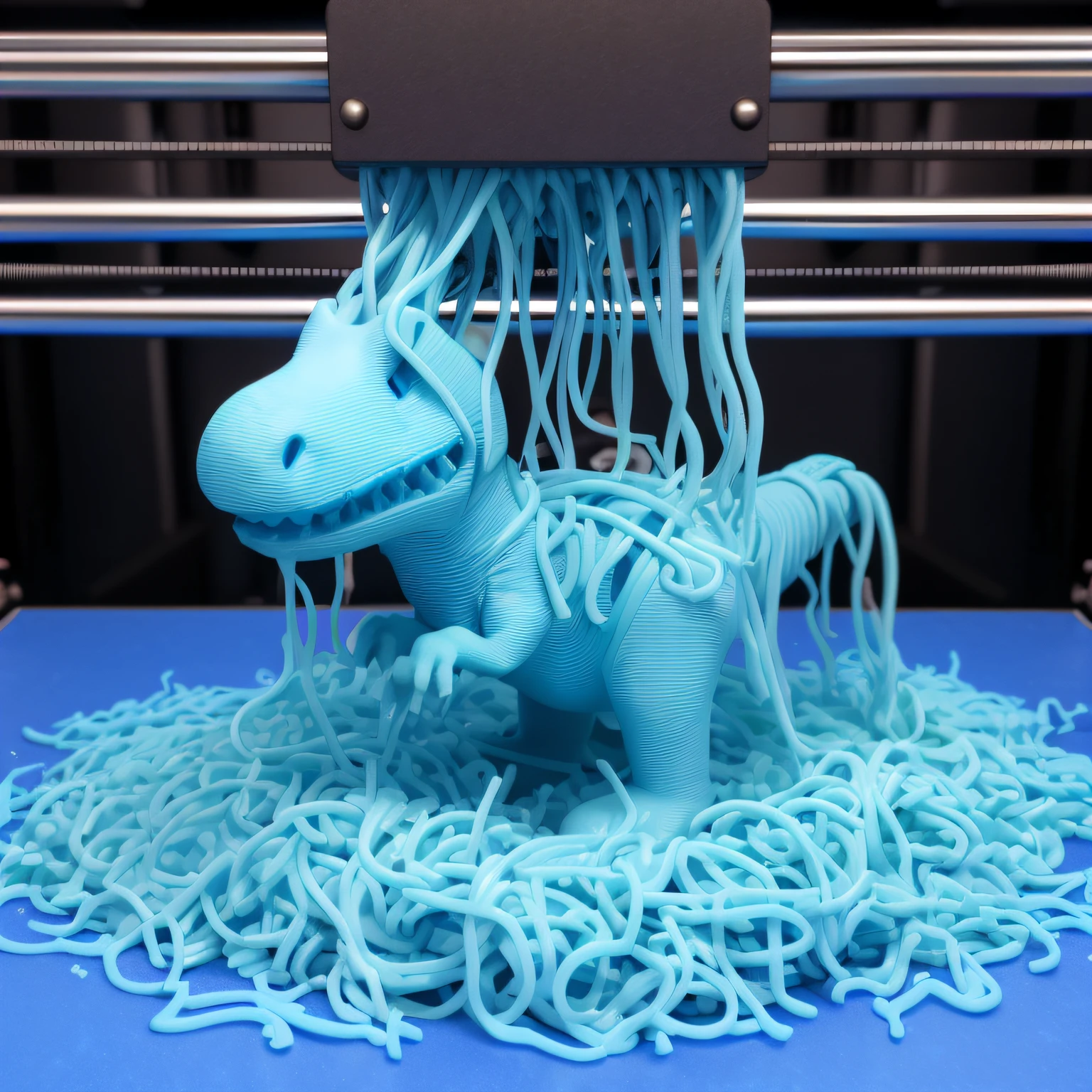 Close-up of a blue plastic toy with noodles on a blue surface, 3D printing, 3D filament, 3D printing, depicted as a 3 d render, 3D printing, filament, If there are exposed cables or wires, epic 3d oxosi, Long looming creatures, made of spaghetti, 3d illustration, 3 d illustration，the noodles are thin，Not many noodles，dinosaur opens its mouth wide，dinosaur bowing its head