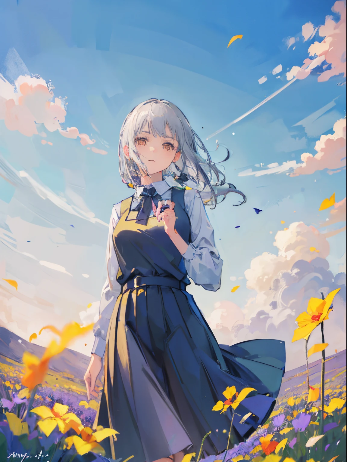 (top quality, best quality:1.2),(1girl:1.3), gray hair, yellw flower field