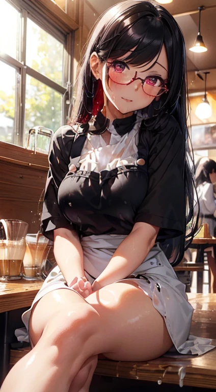 (1girl), ( Sitting on a desk , spread her legs open:1.6 ), (( from completely below view:1.6)), looking at viewer, Perfect style,super gigantic huge breast, super gigantic plump butt, beautiful slim curve, (super beautiful tighs:1.5), (dripping milk and syrup:1.6), beautiful face, accurate, anatomically correct, highly detailed face and skin texture, detailed eyes, blue eyes, double eyelids, thin eyebrows, glitter eyeliner: 1.2, blushed cheeks, round face, glossy skin, fair skin: 1.2, (glossy lips: 1.4), (heart shaped pupils) , smiling full of compassion ,, innocent and Cute girl, BREAK first-person-view, ((Wearing , costume of barista :1.6)), ( it consists of stylish cafe apron, white blouse, full length pants ) , ((( glossy black hair with vivid red sidecolors:1.5 ))), (( beautiful extra long hair, straight:1.6)), (glossy accessories:1.5), (Glasses that give an intellectual impression:1.6), BREAK (Full body shot: 1.2), (focus on her tighs), ((( at a cafe , gentle sunlit: 1.6)), (very comfortable atomosphere:1.6), top quality, (Masterpiece: 1.3), (Maximum resolution: 1.2), (Ultra HDTV: 1.2), Cinema light, Ultra HDTV, (Detailed eyes and skin), (Detailed facial features), HDR, 8k resolution, Sharp Focus: 1.2,