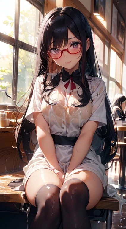 (1girl), ( Sitting on a desk , crossing her legs:1.6 ), (( from below view:1.6)), looking at viewer, Perfect style,super gigantic huge breast, super gigantic plump butt, beautiful slim curve, (super beautiful tighs:1.5), (dripping milk and syrup:1.6), beautiful face, accurate, anatomically correct, highly detailed face and skin texture, detailed eyes, blue eyes, double eyelids, thin eyebrows, glitter eyeliner: 1.2, blushed cheeks, round face, glossy skin, fair skin: 1.2, (glossy lips: 1.4), (heart shaped pupils) , smiling full of compassion ,, innocent and Cute girl, BREAK first-person-view, ((Wearing , costume of barista :1.6)), ( it consists of stylish cafe apron, white blouse, full length pants ) , ((( glossy black hair with vivid red sidecolors:1.5 ))), (( beautiful extra long hair, straight:1.6)), (glossy accessories:1.5), (Glasses that give an intellectual impression:1.6), BREAK (Full body shot: 1.2), (focus on her tighs), ((( at a cafe , gentle sunlit: 1.6)), (very comfortable atomosphere:1.6), top quality, (Masterpiece: 1.3), (Maximum resolution: 1.2), (Ultra HDTV: 1.2), Cinema light, Ultra HDTV, (Detailed eyes and skin), (Detailed facial features), HDR, 8k resolution, Sharp Focus: 1.2,