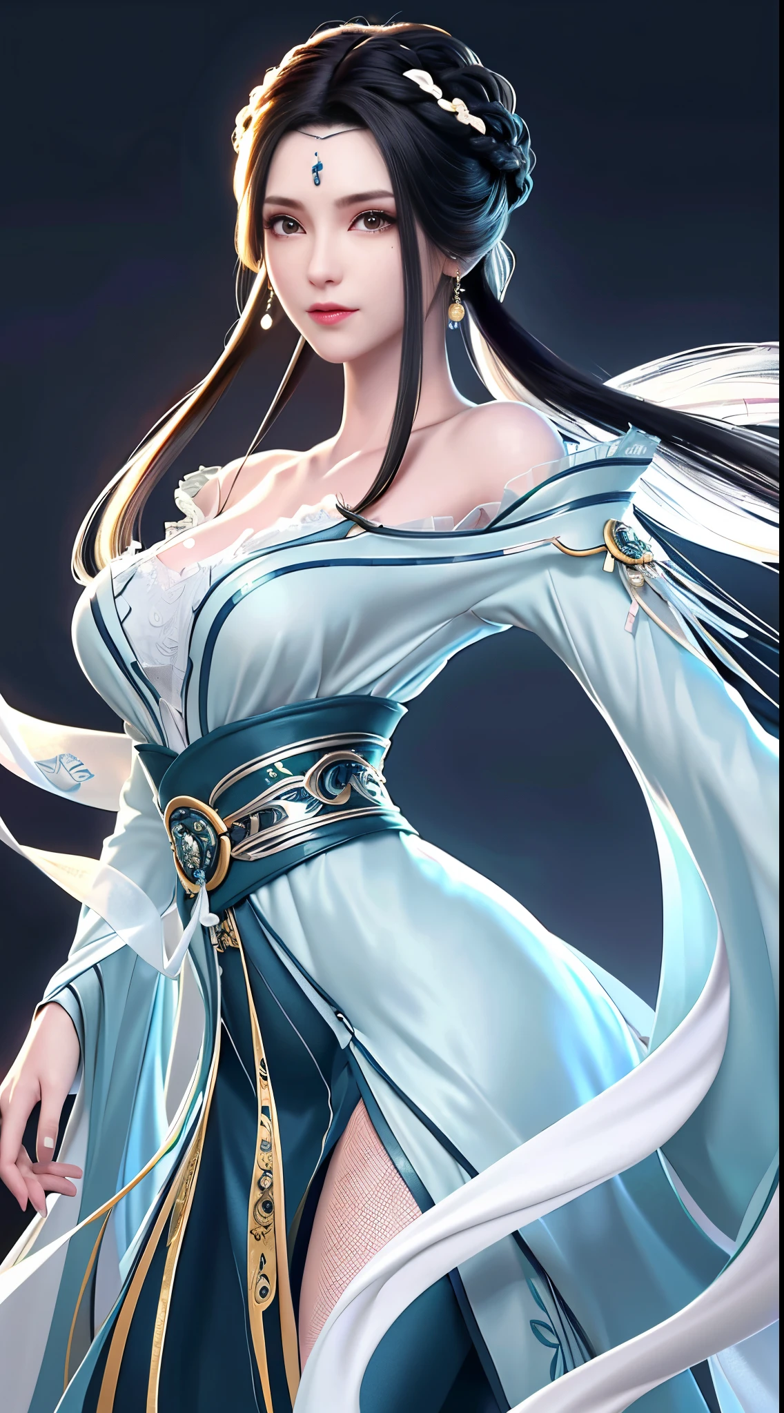 （Best quality，tmasterpiece：1.2），超高分辨率，realistically，Frontlighting，Complicated details，Exquisitedetailsandtextures，1个Giant Breast Girl，独奏，（年轻），face highlight，upper part of body，detailface，tear-mole，white skinned，，pony tails，pigtails，looking at viewert，largeeyes，Silk robes，（Openwork pattern，white colors，silk dress），ear nipple ring，smallunderboob，Slim figure，Deluxe Room，profesional lighting，photon maping，Radio City，physically-based renderingt，