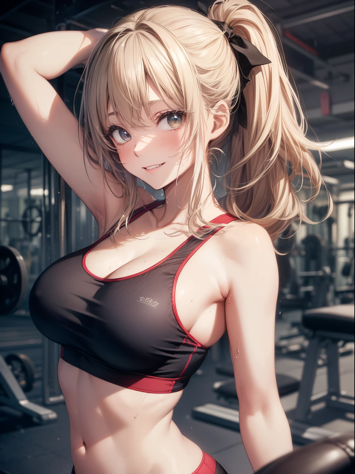 top-quality、Full limbs、complete fingers、1girl in、((one beautiful women、独奏))、Beautiful Large Breasts、Medium Hair、poneyTail、blondehair、(Black Sports Bra)、(Black spats)、Exposing your belly、abdominals、sports gym、Naughty Poses、A big smile、Sweating、During muscle training、Wet texture