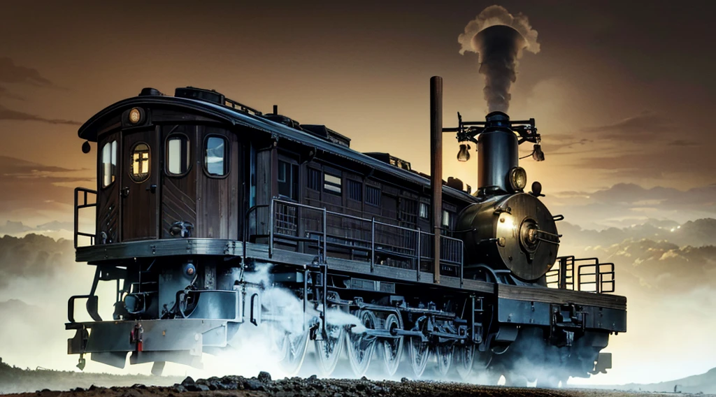 （In the starry sky）,（ in the cosmos），The locomotive emerges from the center, puffing smoke.. The scene is like a movie scene. . . (Best quality at best,4K,8K,A high resolution,tmasterpiece:1.2), ultra - detailed, actual, Realistic style artwork captures all the intricate details. [Surreal atmosphere], [misty environment], [Rustic charm], [peaceful scenery], [Traditional Japanese aesthetics], [vintage locomotive], [Fantastical Atmosphere], [Majestic moonshine], [Impressive smoke effects], [Mysterious shadows], [Charming composition], [Fine lines], [Impressive shades], [Carefully incubated], [artistic perspective], [subtletextures], [Complex machinery], [Locomotive details], [Effortless elegance].