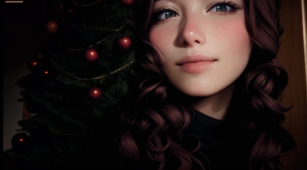 ```
best quality,Realistic,ultra-detalhado,vivid colors,retrato,fotografia, ruiva,meninaabelo ruivo cacheado,pale skin,garota de camisa preta,Christmas tree in the background,porta de madeira,leve sorriso,looking at the camera,tons quentes,soft lighting
```