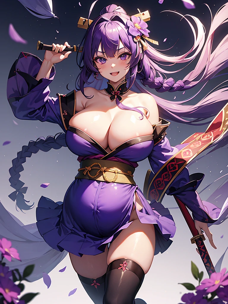 masterpiece,shogun, 1girl, solo, long hair, looking at viewer, hair ornament, thighhighs, holding, cleavage, purple eyes, weapon, purple hair, braid, flower, sword, holding weapon, blurry, sash, mole under eye, holding sword, stairs, purple flower, vision,pregnant belly,smile,jumping,(high quality),2k,(huge breasts 5.0),insane quality,hentai,naked,ahegao