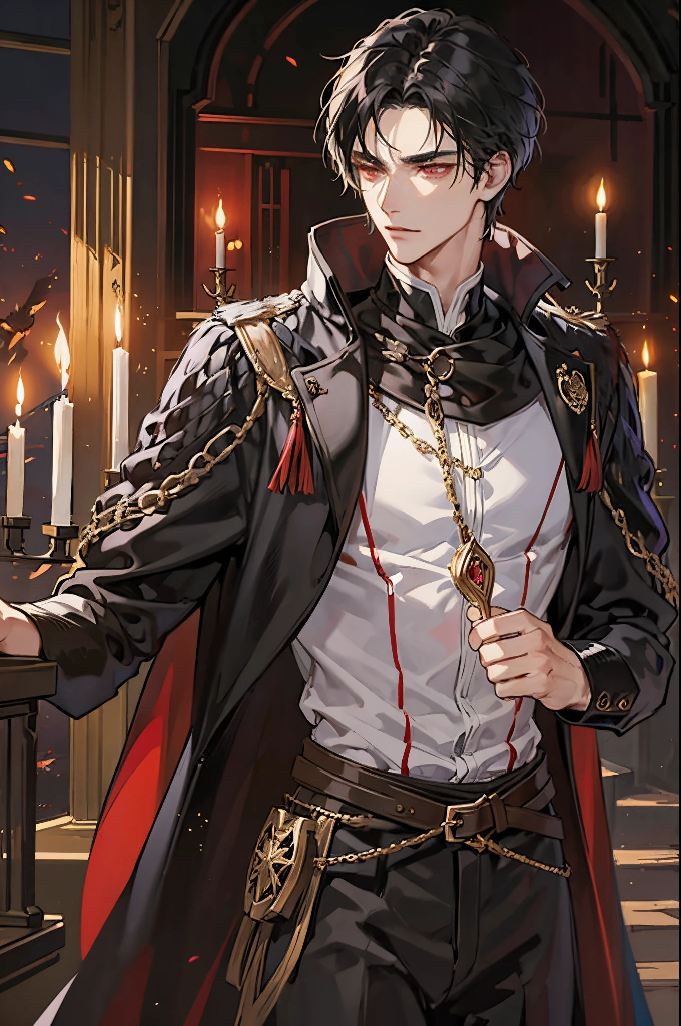 1 male, adult, tall and lean,  handsome, short black hair, dark red eyes, condescending, bad boy, a prince dressed in black with gold embroidery, medieval, fantasy, close up, candles and black magic