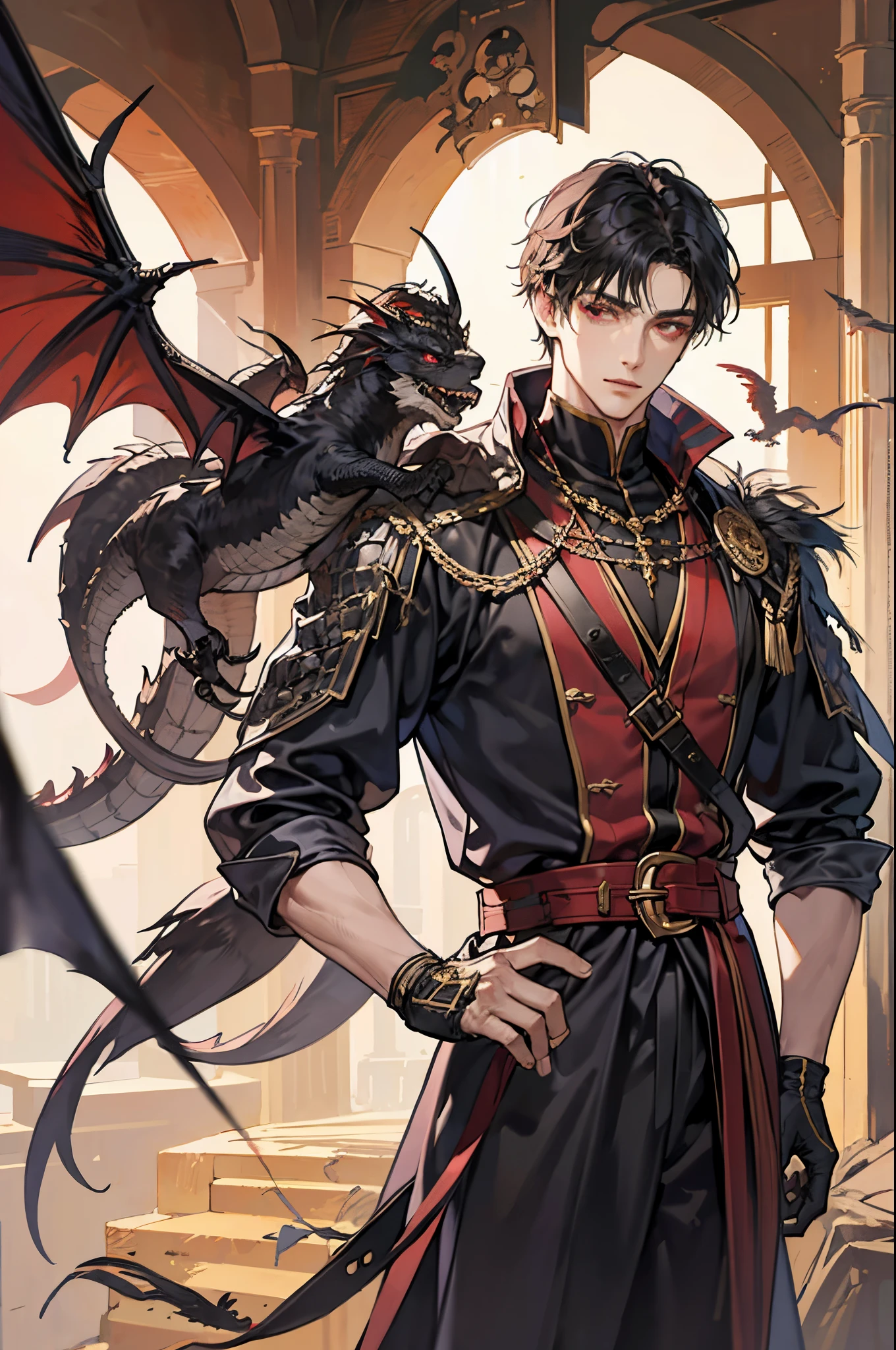 1 male, adult, tall and lean, handsome, short black hair, dark red eyes, condescending, bad boy, a prince dressed in black with gold embroidery, medieval, fantasy, close up, feathered dragon