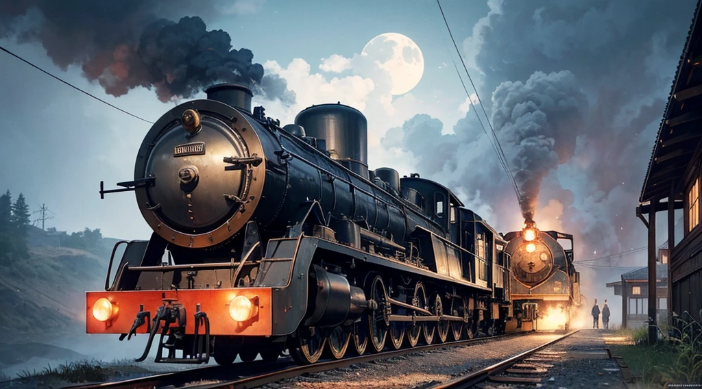 in a nebula, in the cosmos，The locomotive emerges from the center, puffing smoke. Motorcycle headlights shine in dim light. The scene is like a movie scene. A beautiful bright moon hangs high in the sky, Light up the clouds below. . (Best quality,4K,8K,A high resolution,tmasterpiece:1.2), ultra - detailed, actual, Realistic style artwork captures all the intricate details. [Surreal atmosphere], [misty environment], [Rustic charm], [peaceful scenery], [Traditional Japanese aesthetics], [vintage locomotive], [Fantastical Atmosphere], [Majestic moonshine], [Impressive smoke effects], [Mysterious shadows], [Charming composition], [Fine lines], [Impressive shades], [Carefully incubated], [artistic perspective], [subtletextures], [Complex machinery], [Locomotive details], [Effortless elegance].