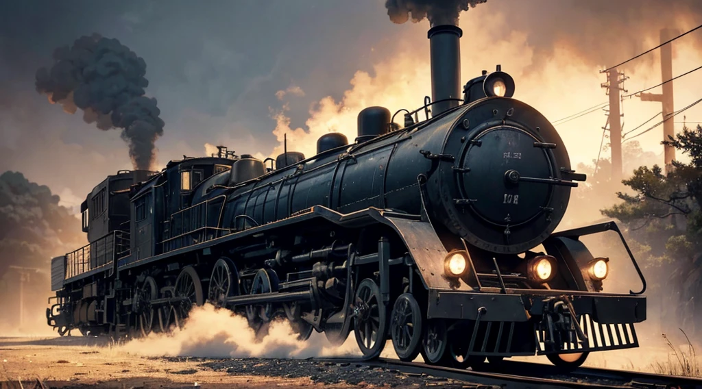 in a nebula, in the cosmos，The locomotive emerges from the center, puffing smoke. Motorcycle headlights shine in dim light. The scene is like a movie scene. A beautiful bright moon hangs high in the sky, Light up the clouds below. . (Best quality,4K,8K,A high resolution,tmasterpiece:1.2), ultra - detailed, actual, Realistic style artwork captures all the intricate details. [Surreal atmosphere], [misty environment], [Rustic charm], [peaceful scenery], [Traditional Japanese aesthetics], [vintage locomotive], [Fantastical Atmosphere], [Majestic moonshine], [Impressive smoke effects], [Mysterious shadows], [Charming composition], [Fine lines], [Impressive shades], [Carefully incubated], [artistic perspective], [subtletextures], [Complex machinery], [Locomotive details], [Effortless elegance].