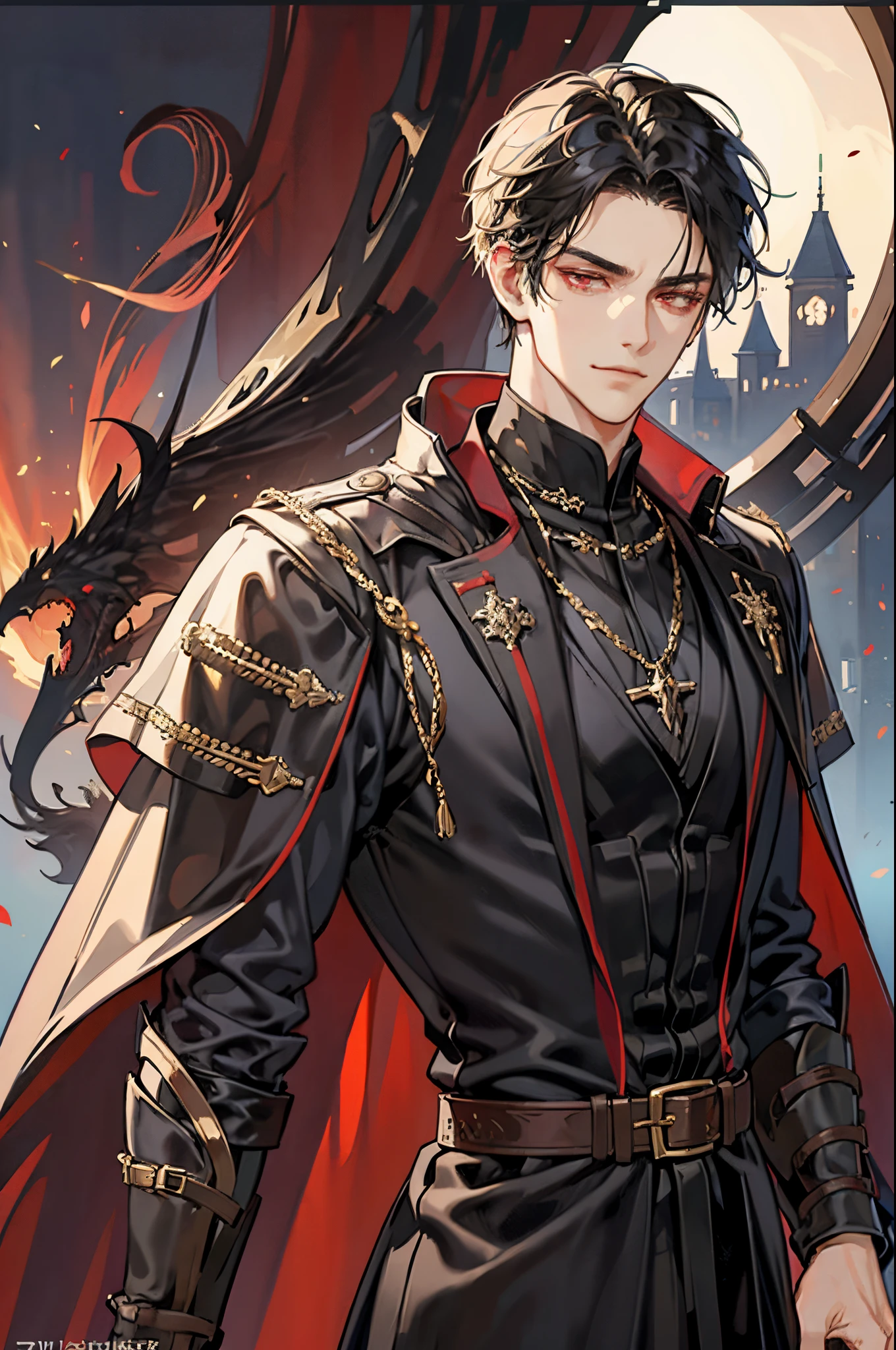 1 male, adult, tall and lean,  handsome, short black hair, dark red eyes, condescending smirk, a prince dressed in black with gold embroidery, medieval, fantasy, close up, pose