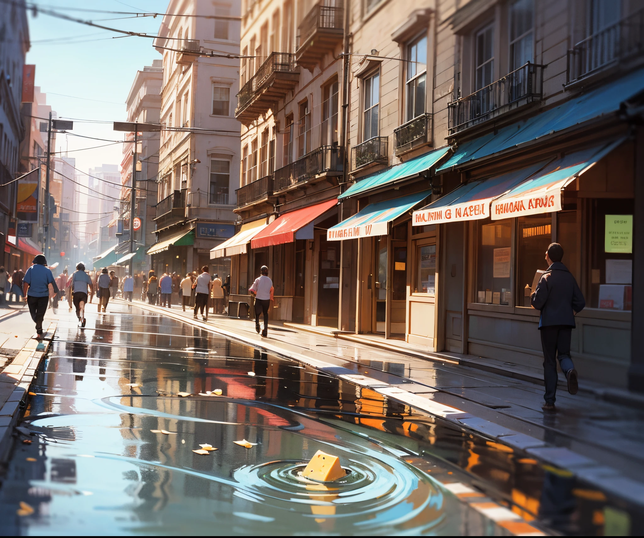 mouse bathing in a puddle of water while eating a piece of cheese with people running in fear in a city --auto --s2